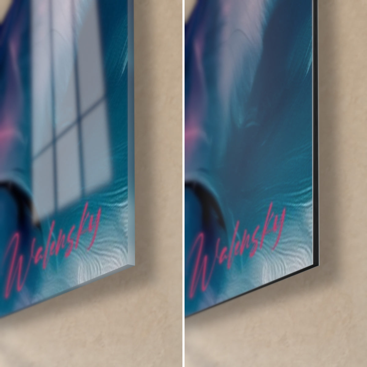 Schilderij ijsbeer met rode bril, rechtsonder: glanzend turquoise glas links, mat Dibond rechts, zwarte rand