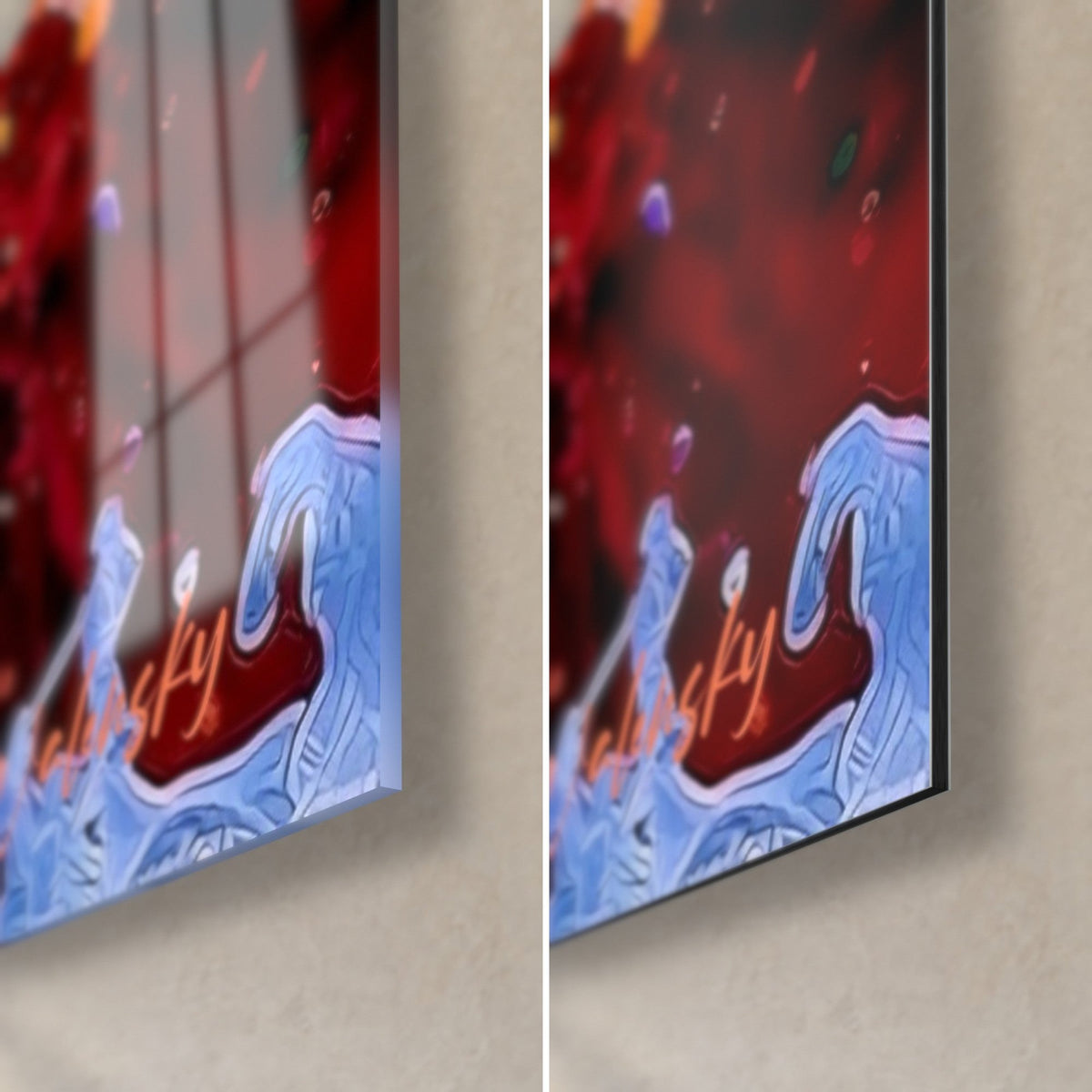 Wall art polar bear with red splashes and glacier blue, bottom right corner: glossy acrylic glass on the left, matte black Dibond on the right