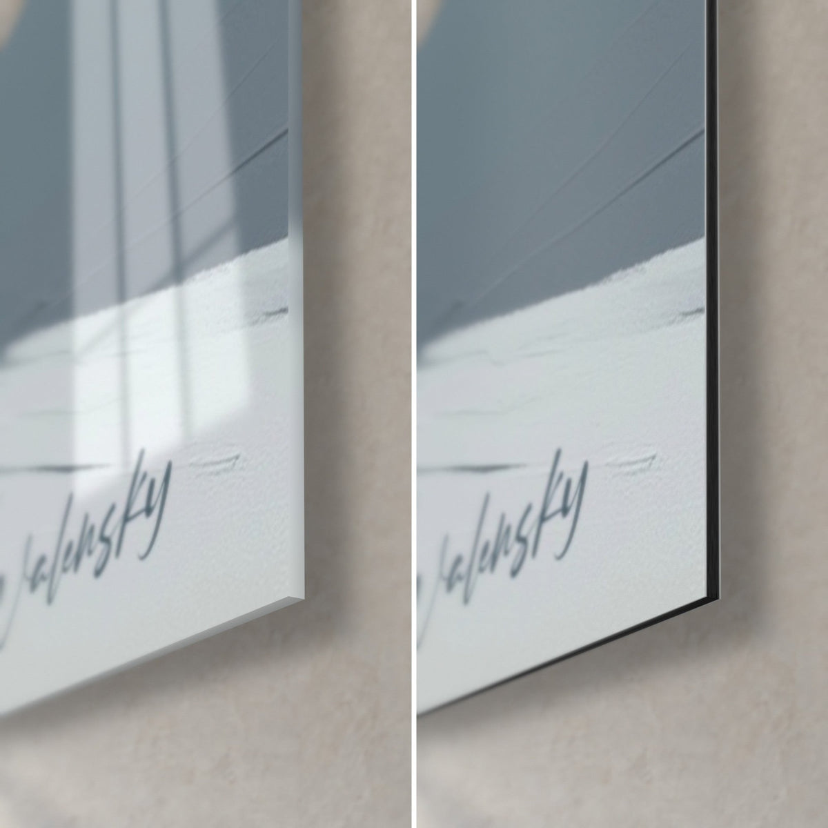 Gemälde eines mit der Spachtel modellierten weißen Eisbären, untere rechte Ecke: glänzendes Acrylglas links, mattschwarzes Dibond-Aluminium rechts, 3 mm Kante