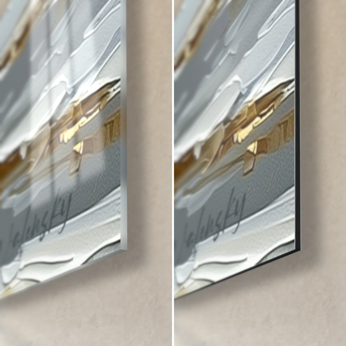 Gemälde Eisbären in goldener und grauer Pastenmalerei, untere rechte Ecke: glänzendes Acrylglas und matt gebürstetes Dibond, 3 mm Kante sichtbar