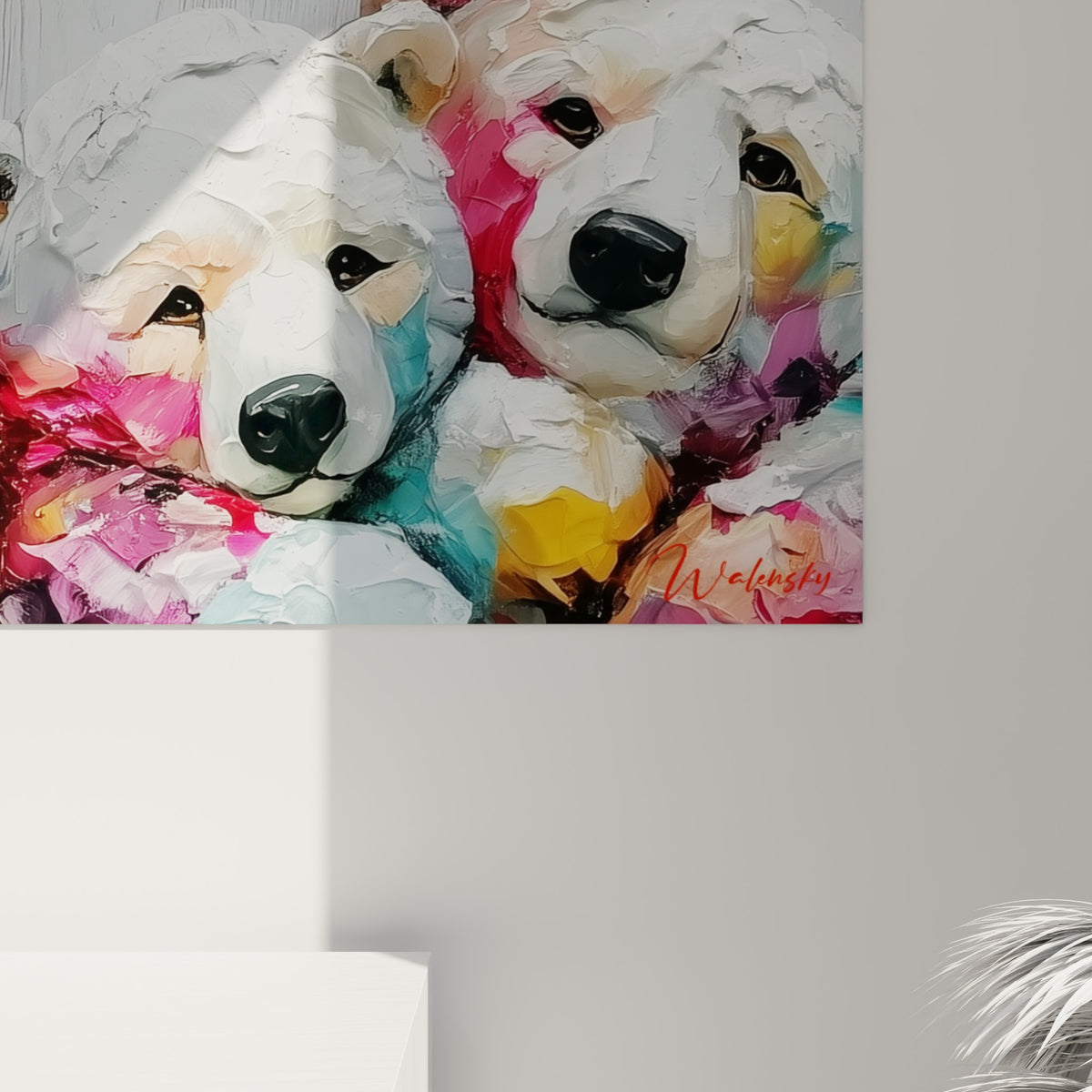 Empâtements de peinture blanche et turquoise formant la fourrure épaisse d'un ours polaire en gros plan