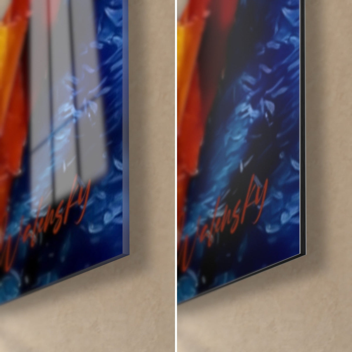 Wall art bear trio, bottom right corner: black, gold and orange muzzle, glossy acrylic glass on the left, matt Dibond aluminium on the right, 3 mm thickness