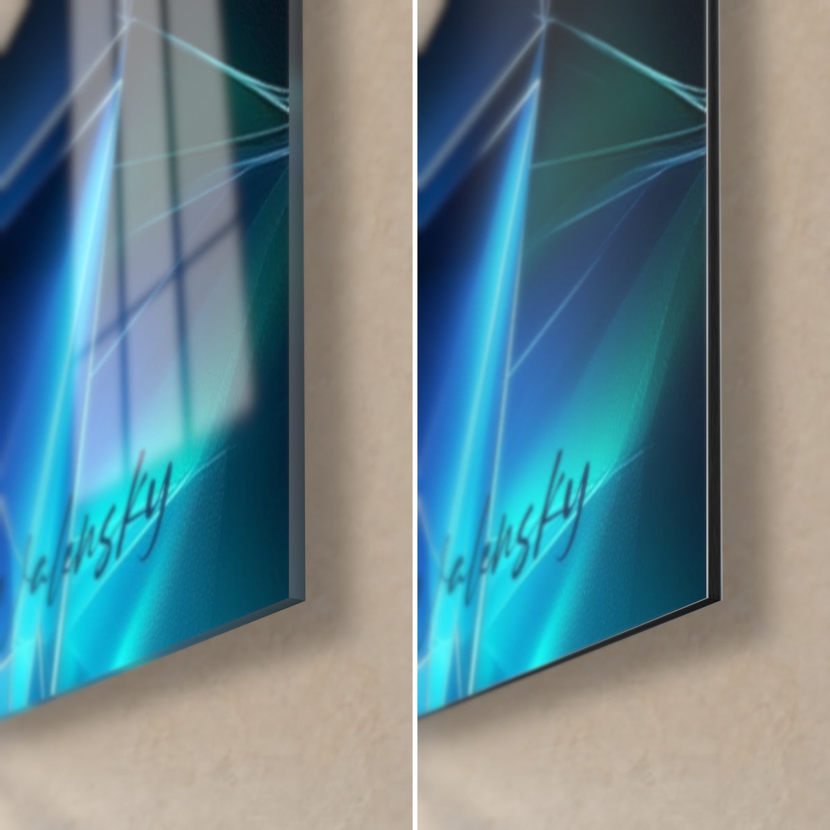 Wall art of a faceted polar bear in cyan and blue, bottom right corner, glossy glass on the left, matte Dibond and edge on the right