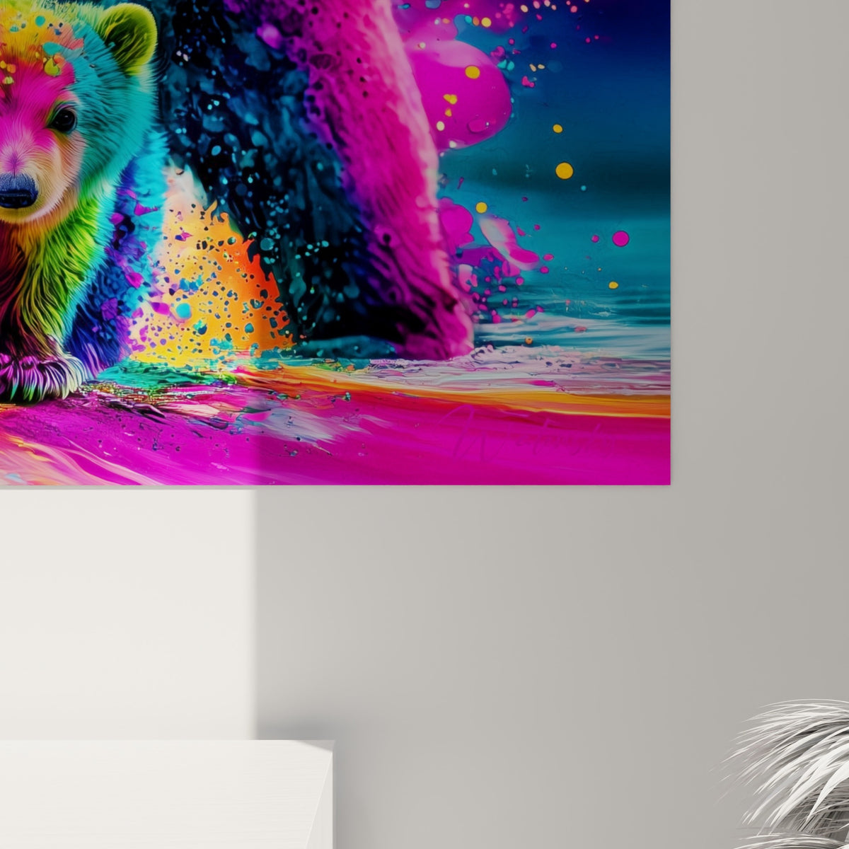 Empâtements colorés en turquoise et magenta révélant la texture picturale de l'ours polaire