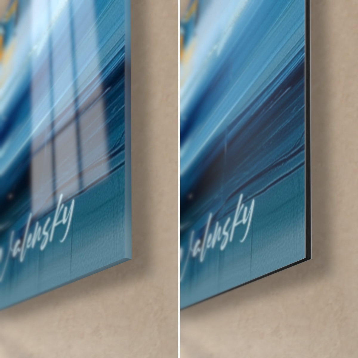 Gemälde eines Eisbären in blauer und goldener Spachteltechnik, untere rechte Ecke: glänzendes Acrylglas links, mattes Dibond rechts, 3 mm Kante