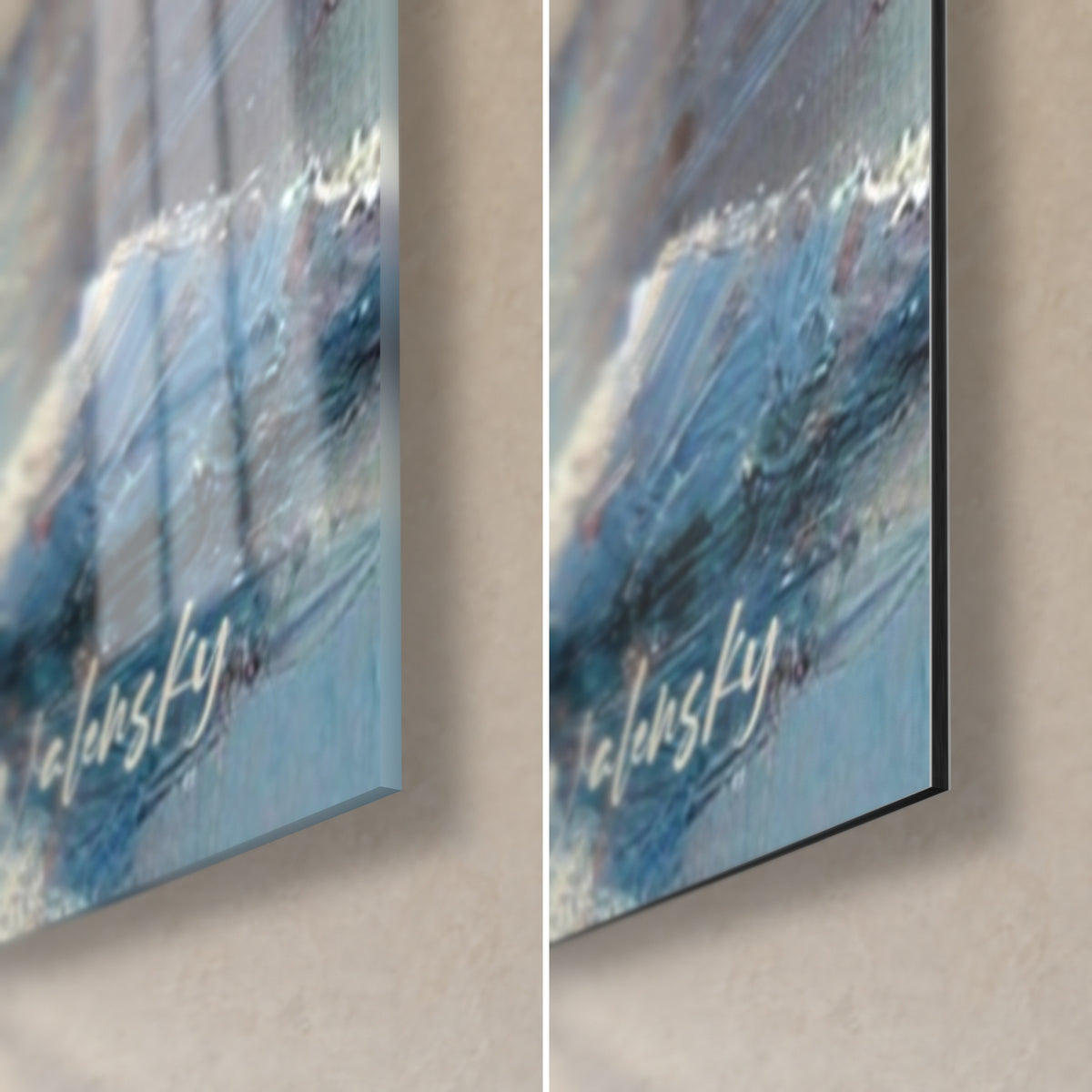 Tableau ours polaire ivoire et bleu glacier, coin bas droit : verre acrylique brillant à gauche, alu Dibond mat à droite, tranche de 3 mm