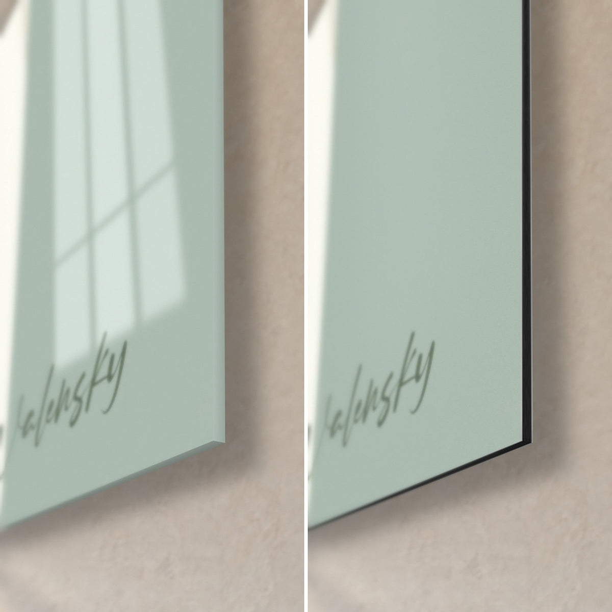 Wall art cream polar bear, bottom right corner: glossy acrylic glass with reflections, matte sage green Dibond aluminum, 3 mm edge