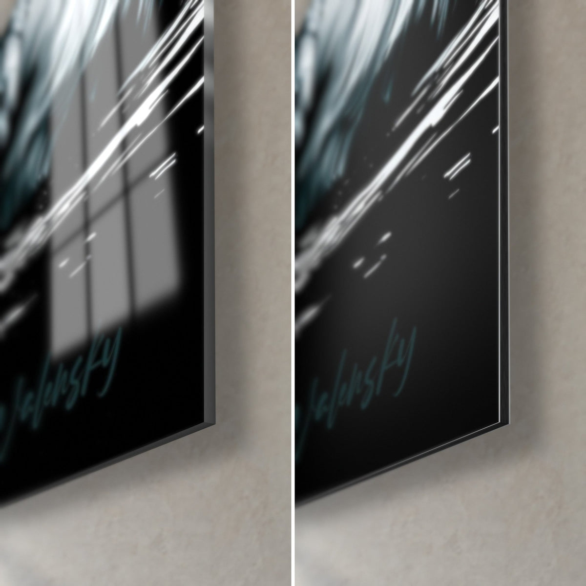Tableau ours polaire au pelage blanc et noir, coin bas droit : verre acrylique brillant reflétant la fenêtre, Dibond mat, tranche 3 mm
