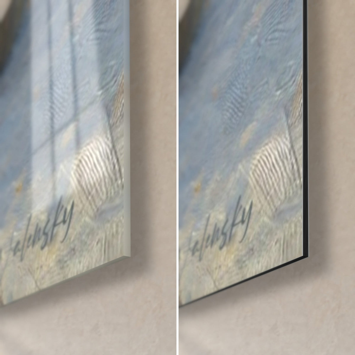 Gemälde Eisbärin mit Jungen auf dem Packeis, untere rechte Ecke: glänzendes Acrylglas mit blauen Reflexen, mattes Alu-Dibond, 3 mm Stärke