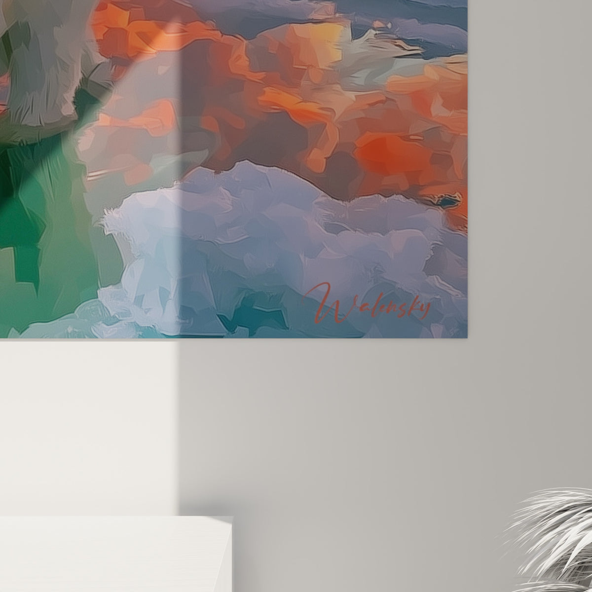 Empâtements de peinture blanche et orangée révélant la fourrure texturée de l'ours polaire et les reflets carmin de l'eau