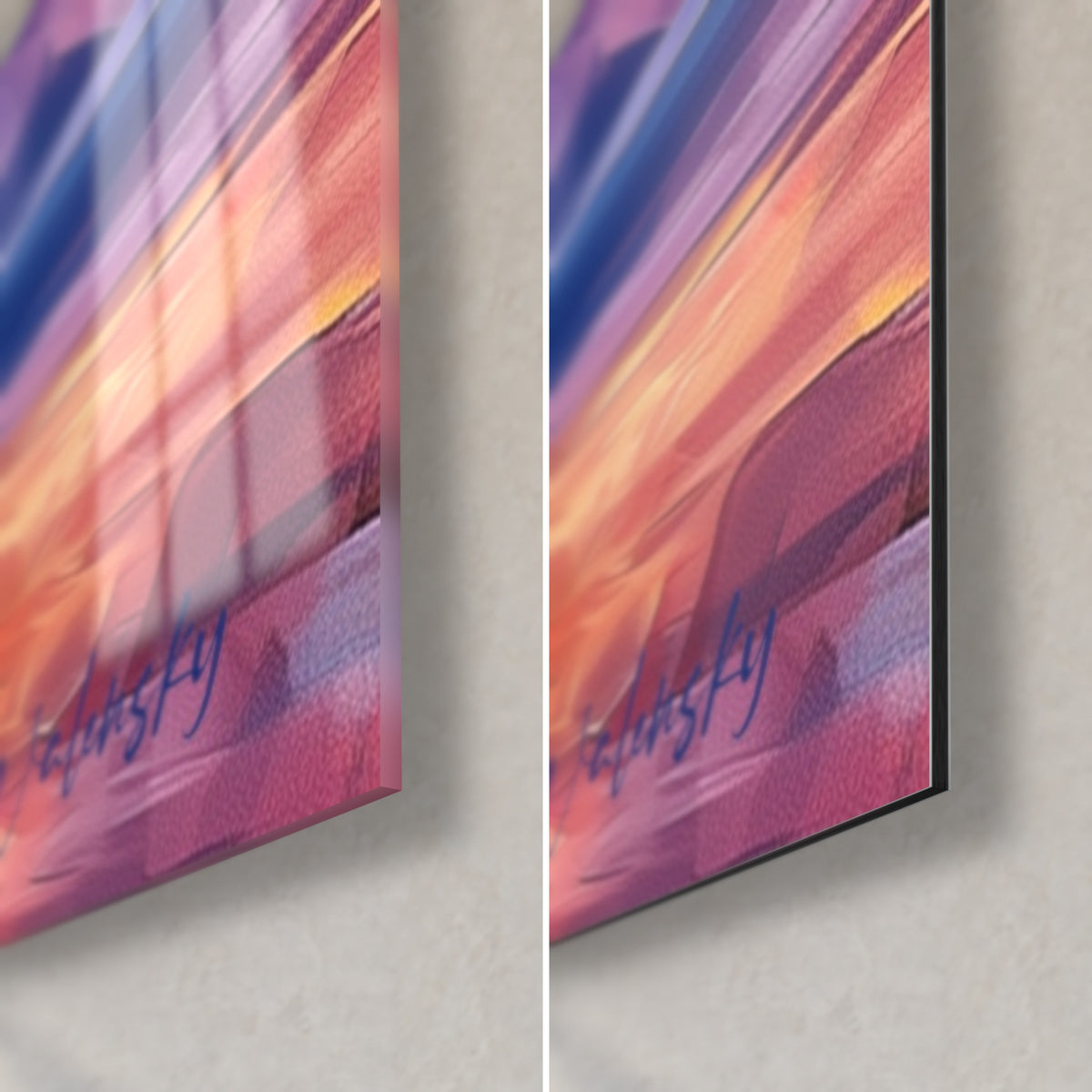 Gemälde Eisbär in Purpur- und Orangetönen, untere rechte Ecke: glänzendes Acrylglas links, mattes Dibond-Aluminium rechts, 3 mm Kante