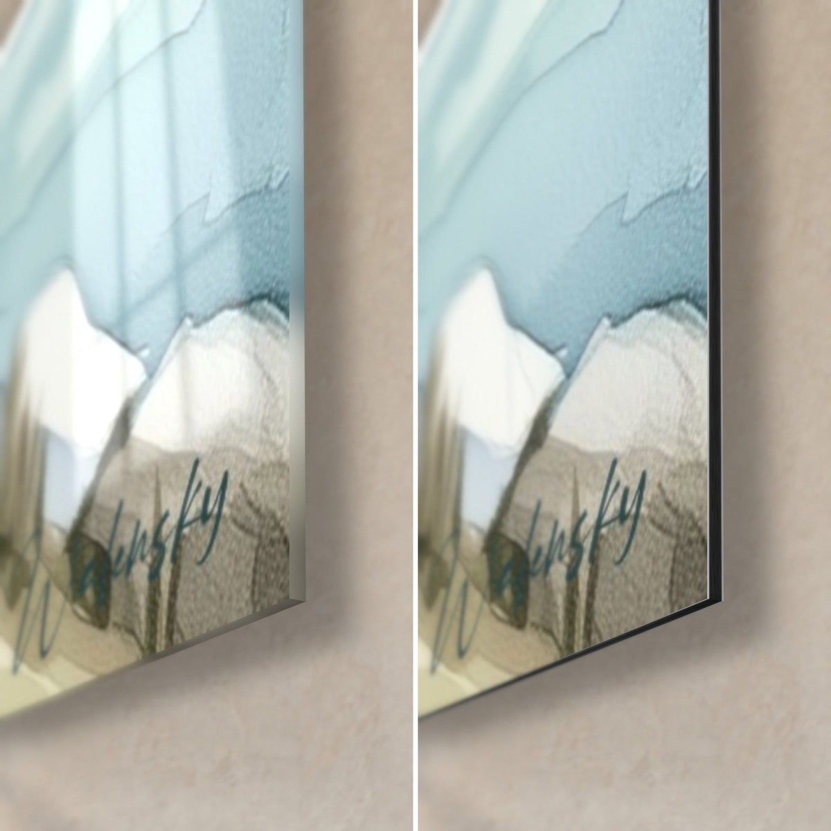 Quadro di un orso bianco e cime blu, angolo in basso a destra: vetro acrilico lucido a sinistra, alluminio Dibond nero opaco a destra