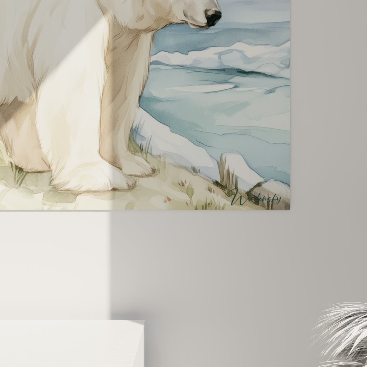 Détail de la fourrure blanche texturée de l'ours polaire et des coulures d'aquarelle bleu glacier