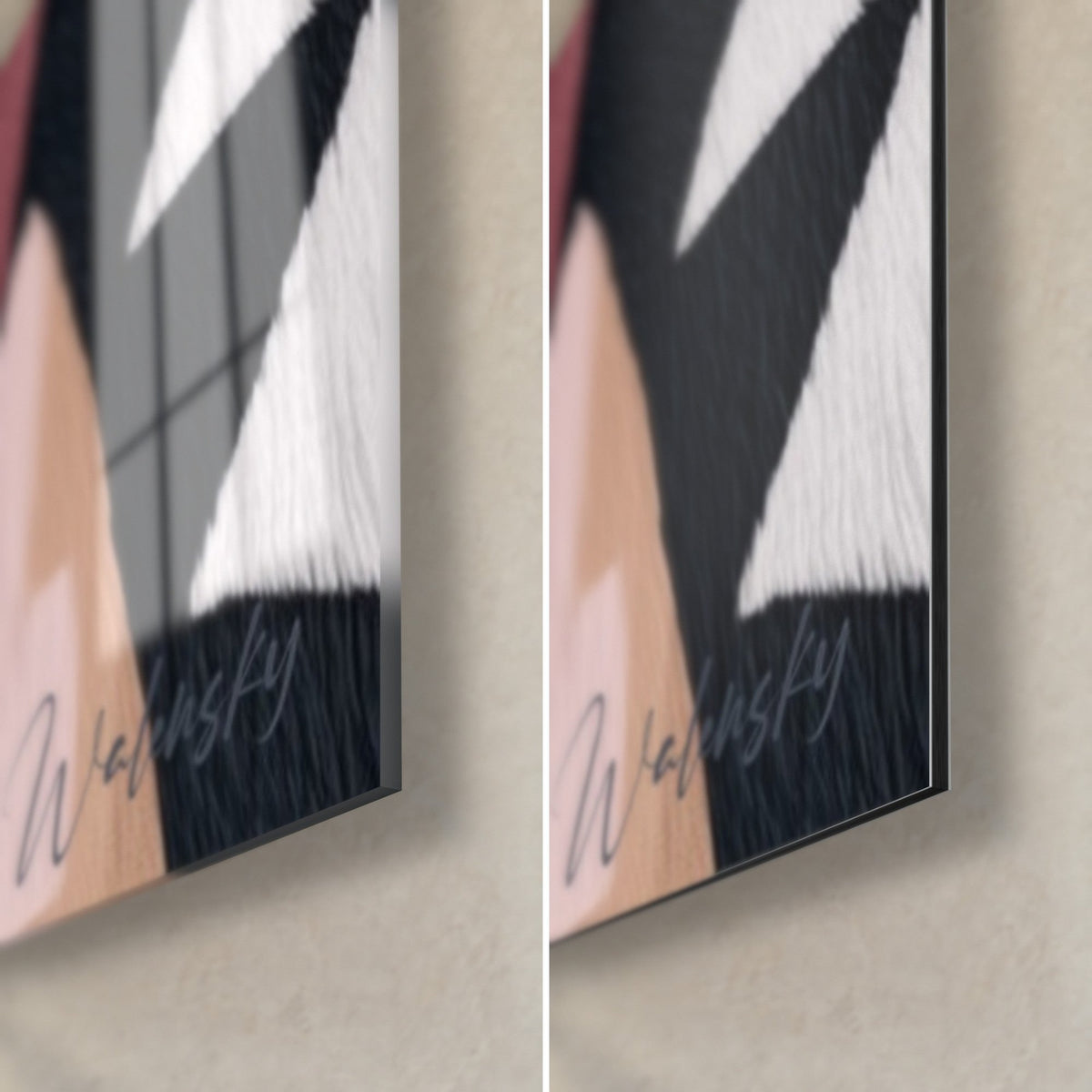 Tableau ours blanc, motif de triangles rose pâle et crème, coin bas droit en verre brillant et Dibond noir mat, tranche 3 mm