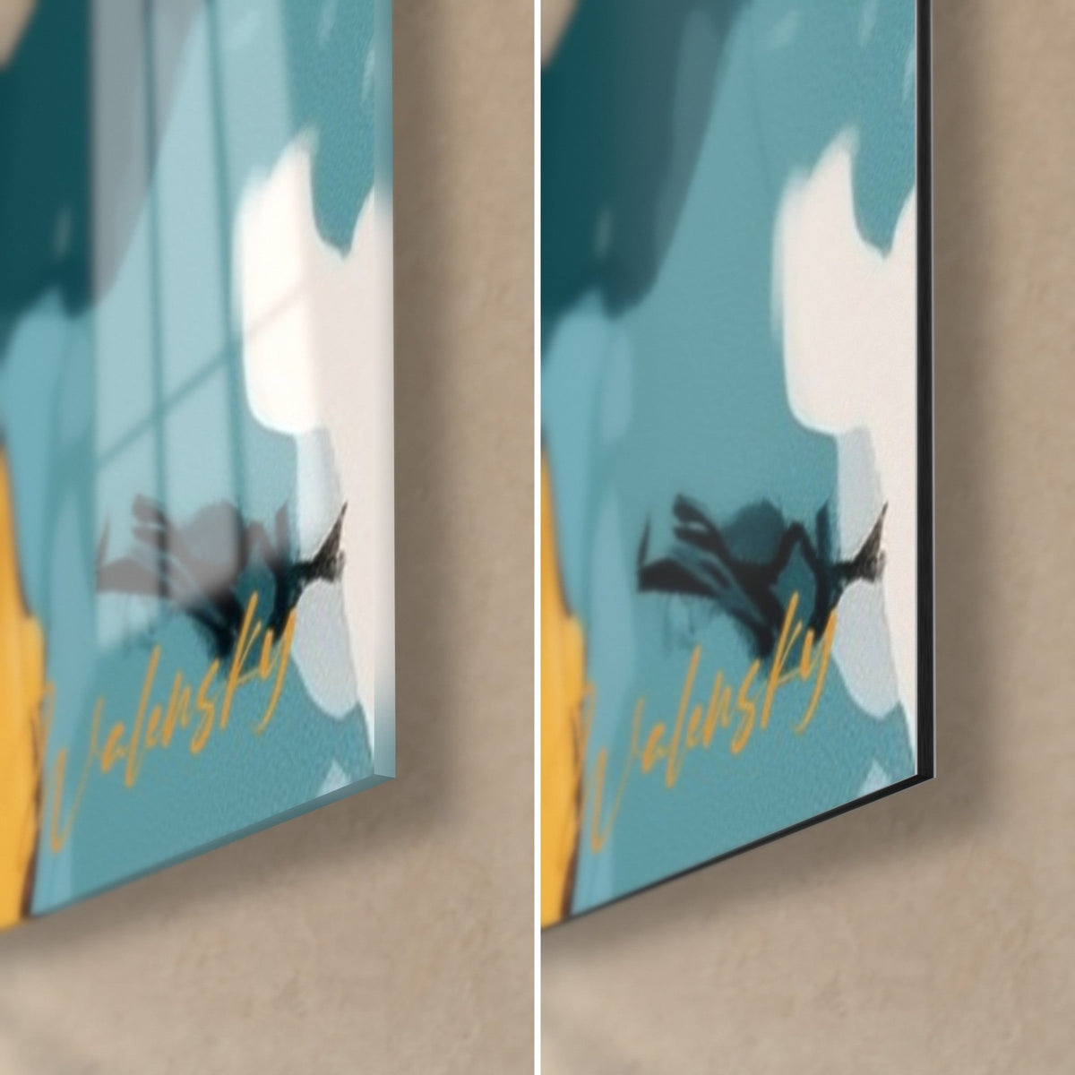 Wall art white bear with ochre polka-dot scarf, bottom right corner: glossy acrylic glass with reflections and matte grey Dibond aluminum, 3 mm edge
