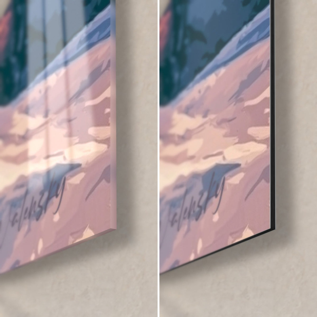 Gemälde Eisbär, untere rechte Ecke: glänzendes Acrylglas mit Reflexen links, mattes schwarzes Dibond rechts, rosa Signatur