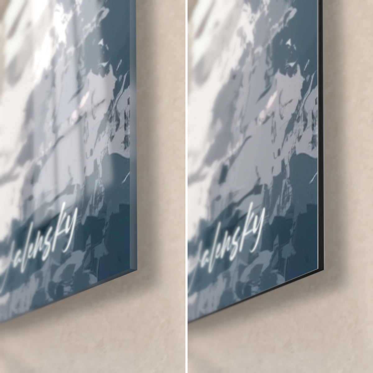 Schilderij ijsbeer in vlakken van wit en nachtblauw, rechtsonder: glanzend acrylglas links, mat Dibond-aluminium rechts