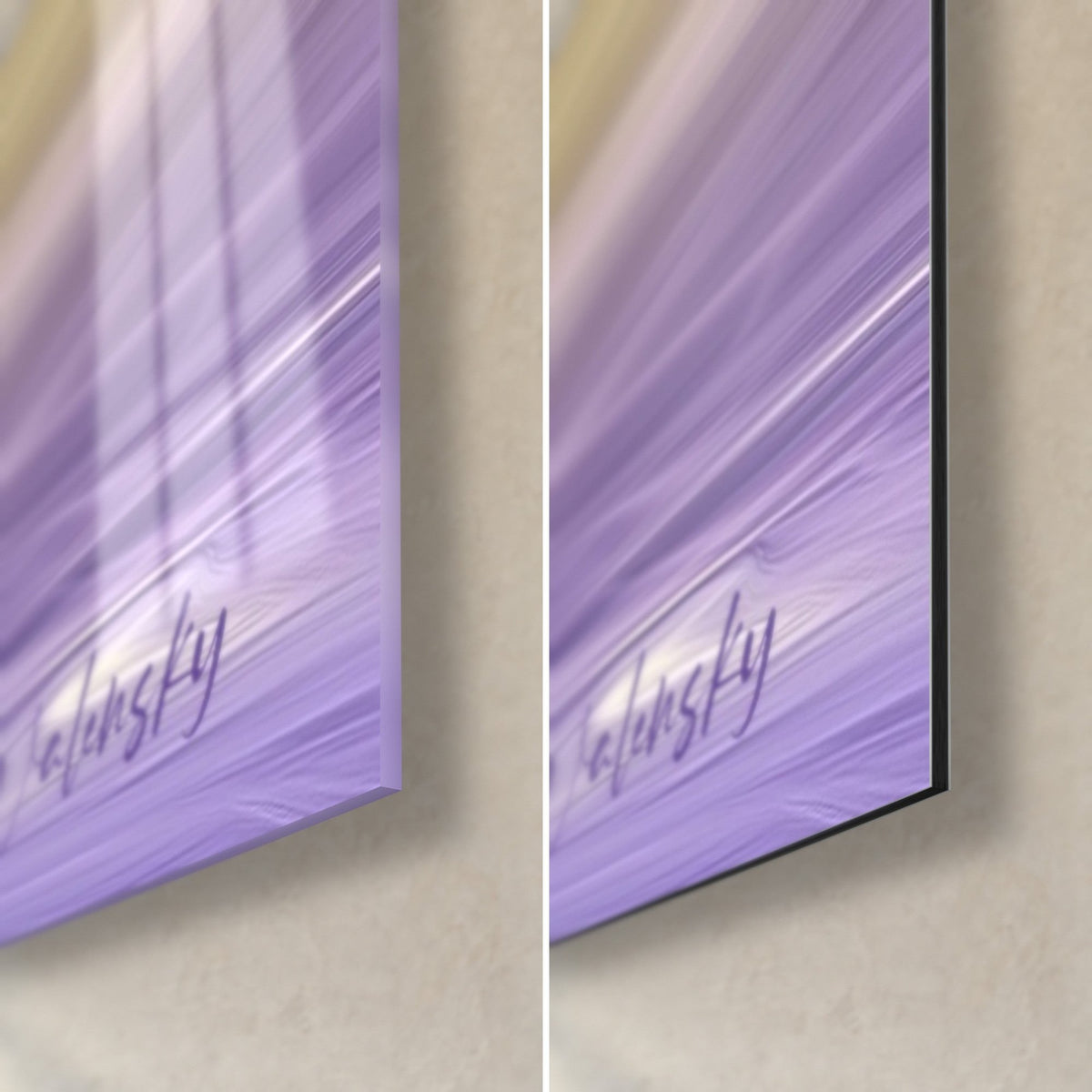 Gemälde Eisbär in Violett und Lavendel, unten rechts: glänzendes Acrylglas mit Reflexen, mattes schwarzes Dibond, 3 mm Kante