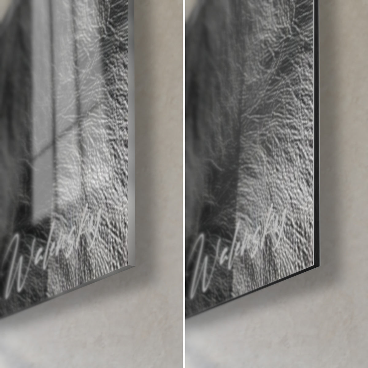 Quadro grande orso bianco, angolo in basso a destra: vetro lucido a sinistra, Dibond grigio opaco a destra, bordo nero da 3 mm