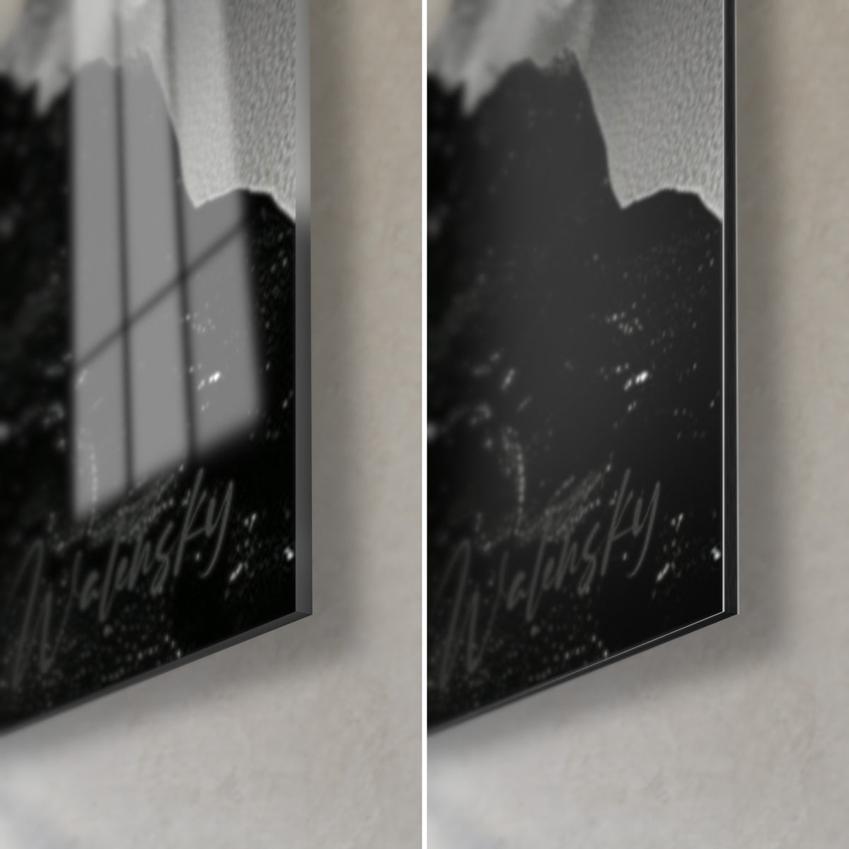 Schilderij witte beer op zwarte rots, rechtsonder: glanzend acrylglas dat het raam weerkaatst, mat grijs Dibond-aluminium, 3 mm rand