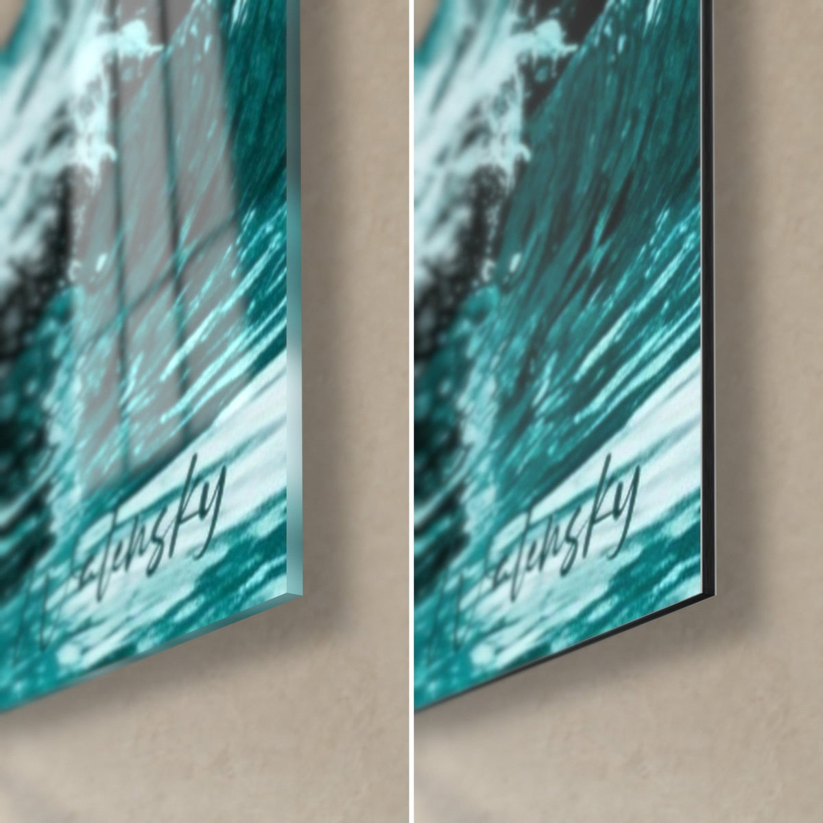 Tableau ours polaire aux reflets turquoise, coin bas droit en verre brillant et Dibond noir mat, tranche de 3 mm