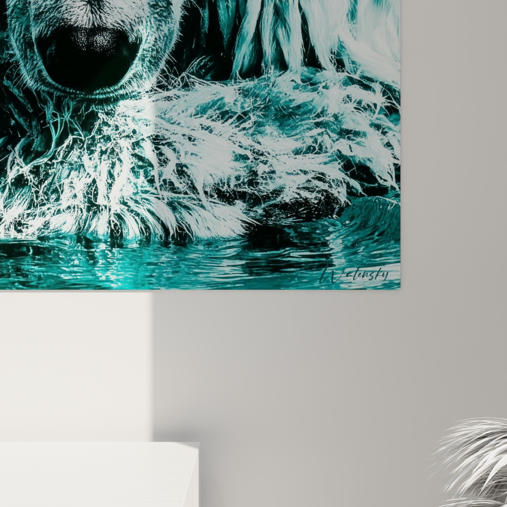 Empâtements et textures du pelage turquoise et noir, mèches humides détaillées de l'ours polaire imprimé