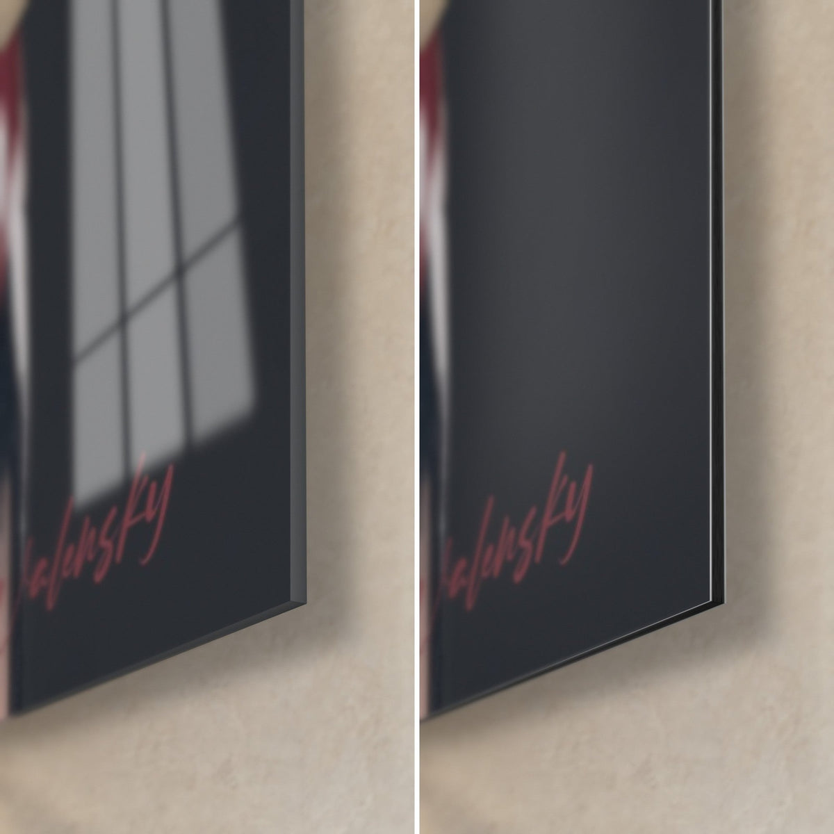 Gemälde Eisbär, unten rechts: glänzendes Acrylglas mit Reflexen links, mattes schwarzes Dibond rechts, feine Kante