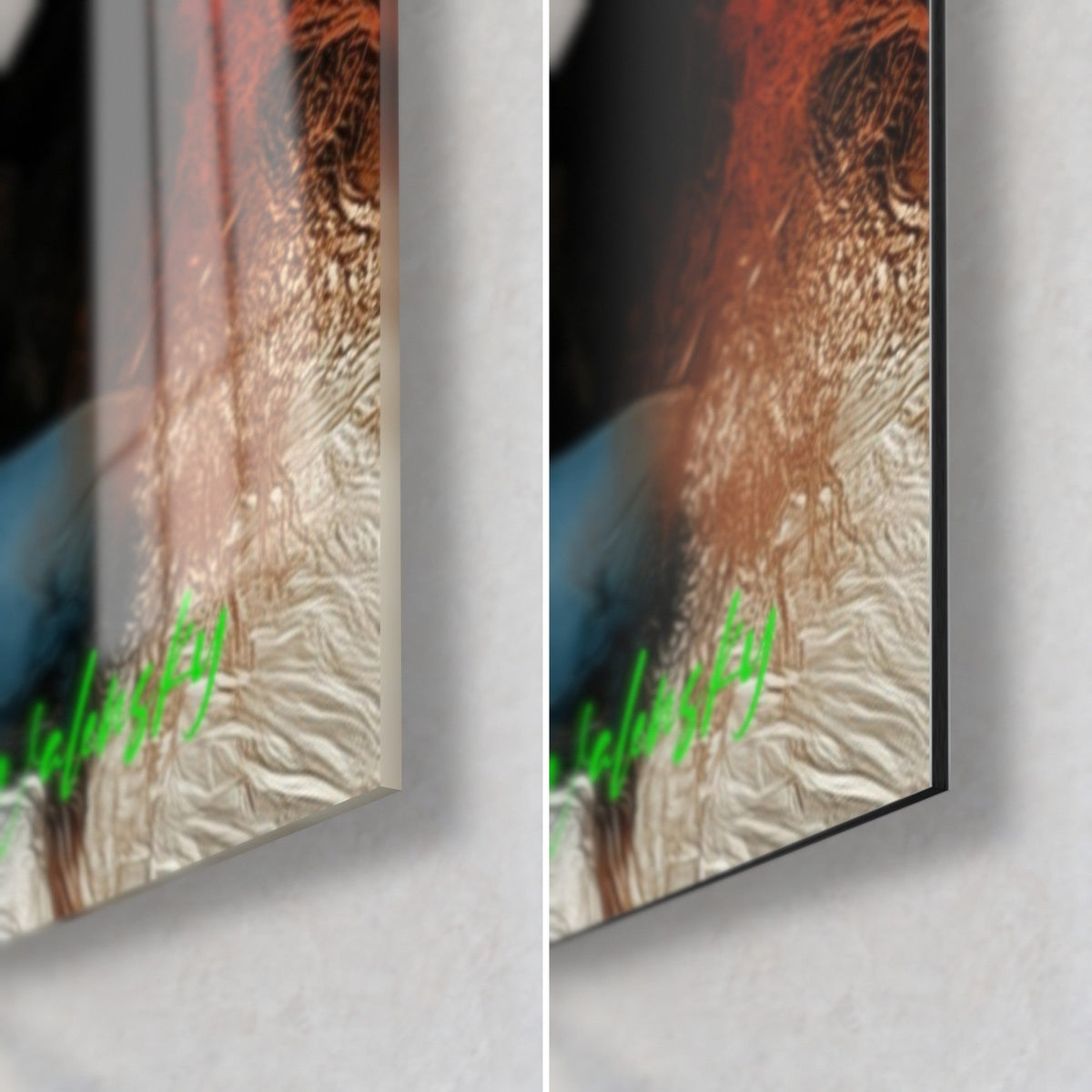 Wall art polar bear and blue face, bottom right corner: glossy glass on the left, matte Dibond on the right, orange streaks, 3 mm edge