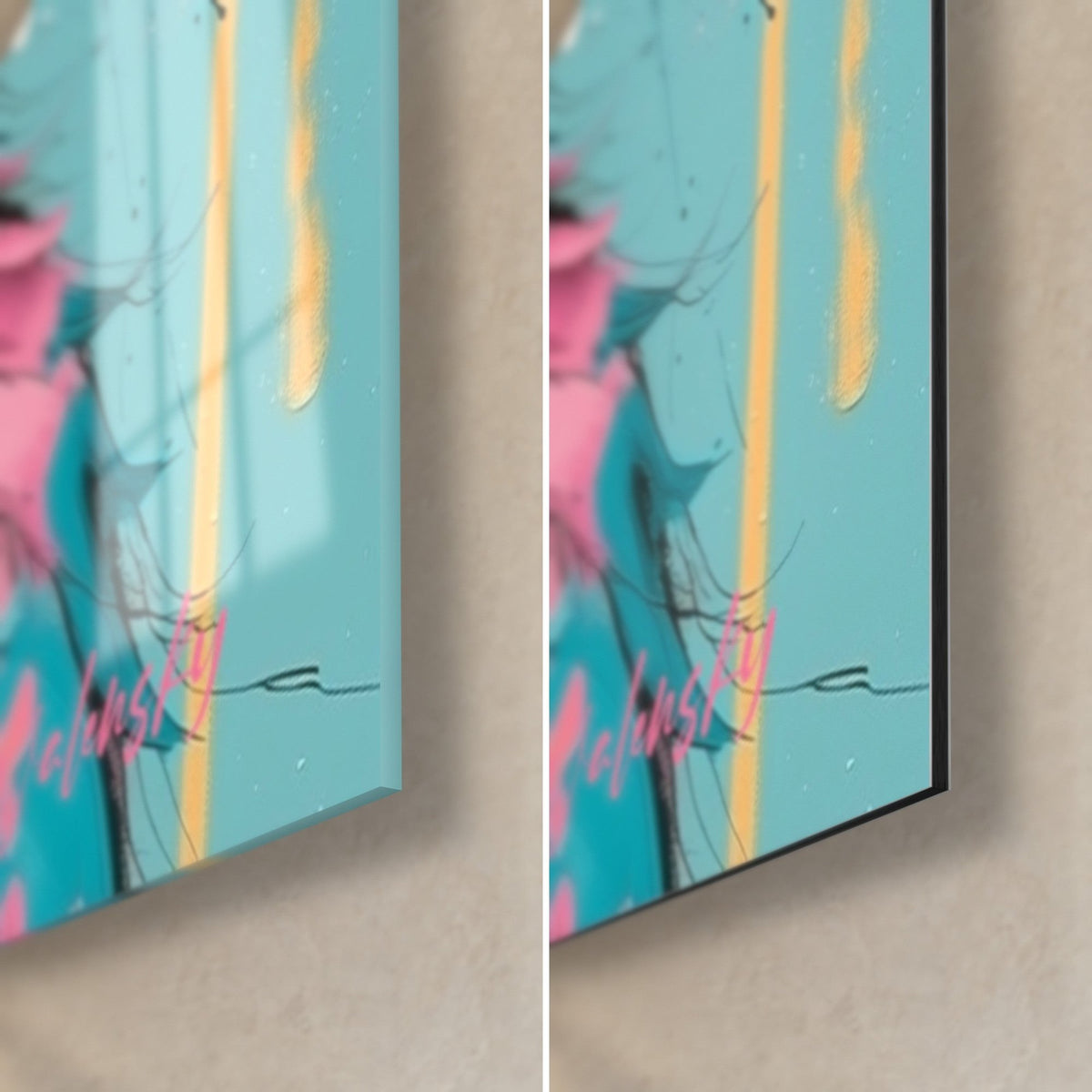 Gemälde Eisbär in Türkis, untere rechte Ecke: glänzendes Acrylglas links, mattschwarzes Dibond rechts, rosa Signatur