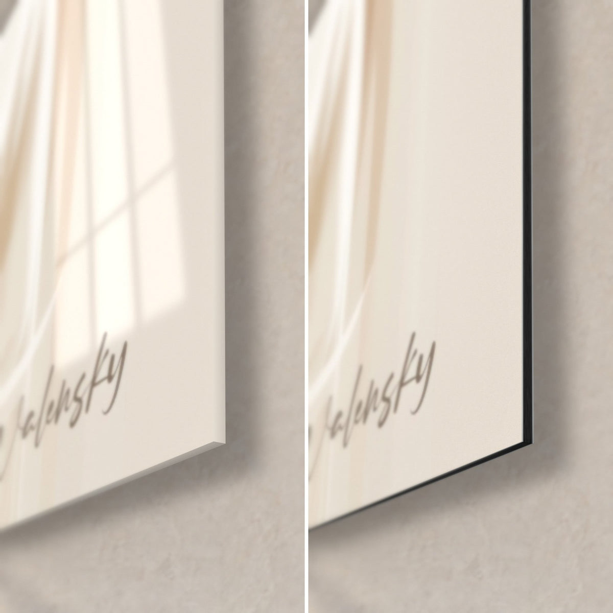 Wall art polar bear with drips, bottom right corner: glossy glass on the left, matte black Dibond on the right, 3 mm edge