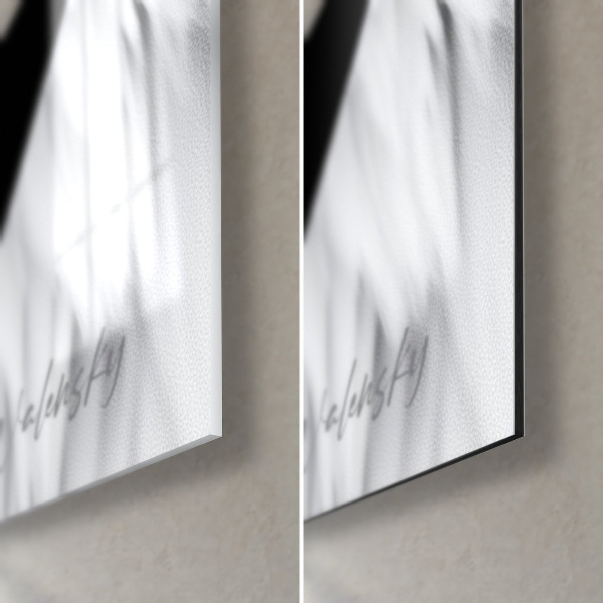 Schilderij ijsbeer, rechtsonder: witte vacht en zwarte scheur, glanzend acrylglas links, mat Dibond rechts
