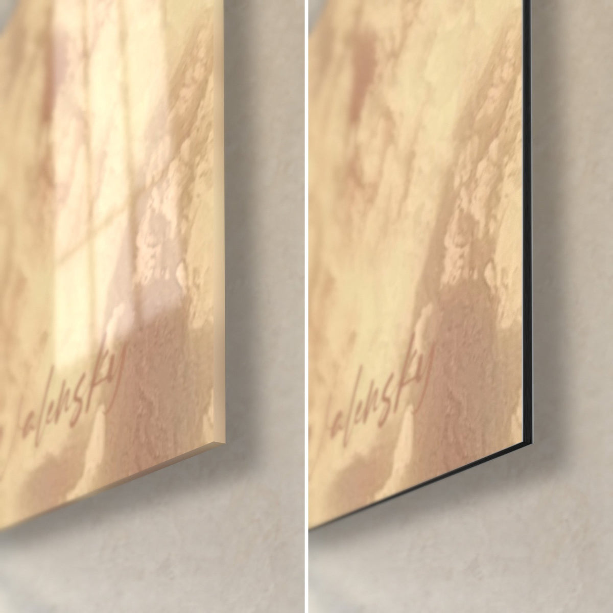 Wall art golden and cream ice floe, sculpted snowdrifts, glossy acrylic glass on the left, matte Dibond aluminium on the right, 3 mm edge