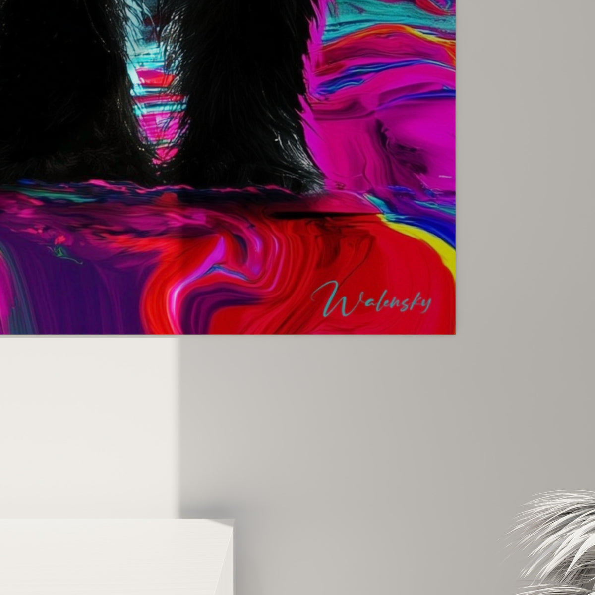 Empâtements et coulures colorées du pelage de l'ours polaire, fuchsia et bleu se mêlant sur la toile