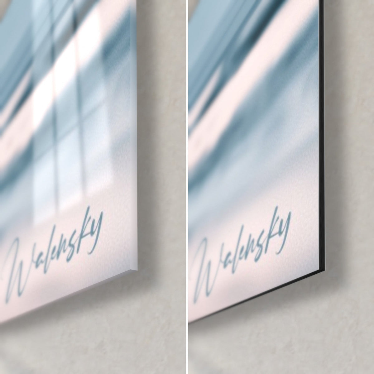 Wall art polar bear of the ice, bottom right corner: glossy glass with pale blue and pink reflections, matte Dibond, black edge