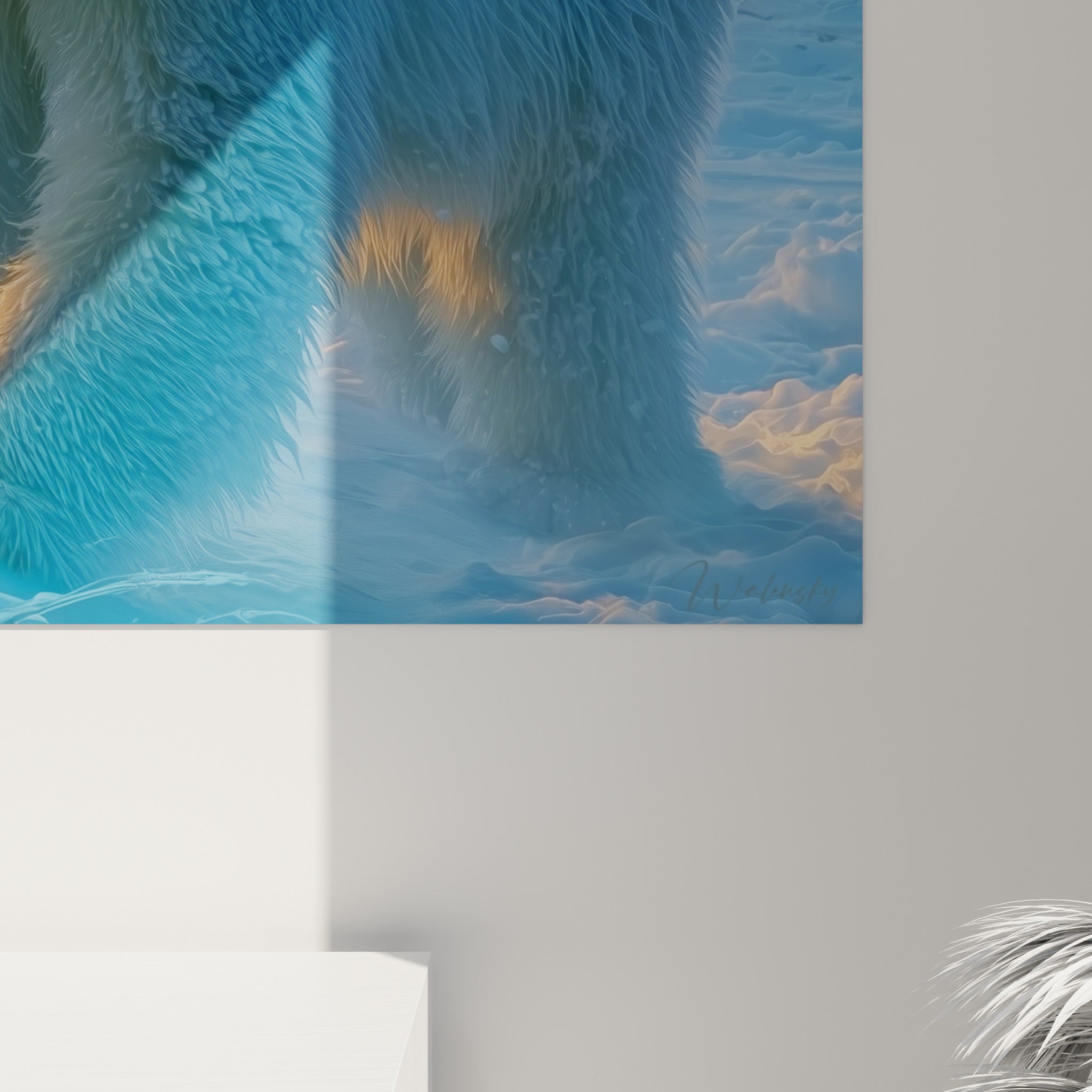Grain de la fourrure d'un ours polaire révélant nuances dorées et bleutées, empâtements et lumière rasante
