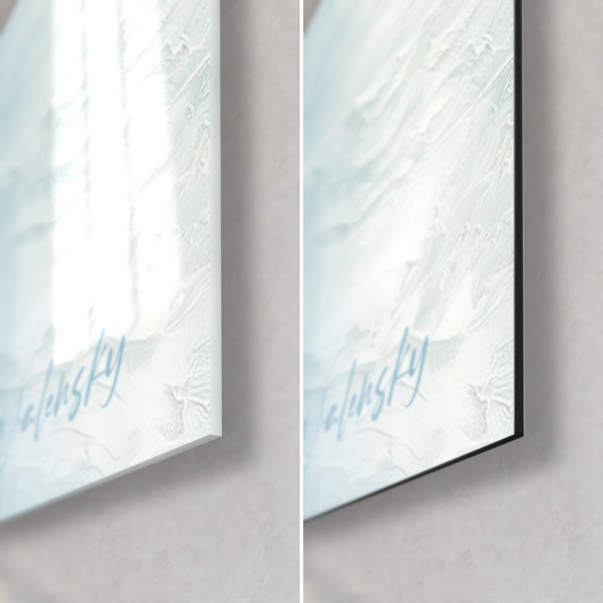 Quadro orso polare in pittura brinata, angolo in basso a destra: vetro azzurro pallido riflettente, Dibond bianco opaco, spessore 3 mm