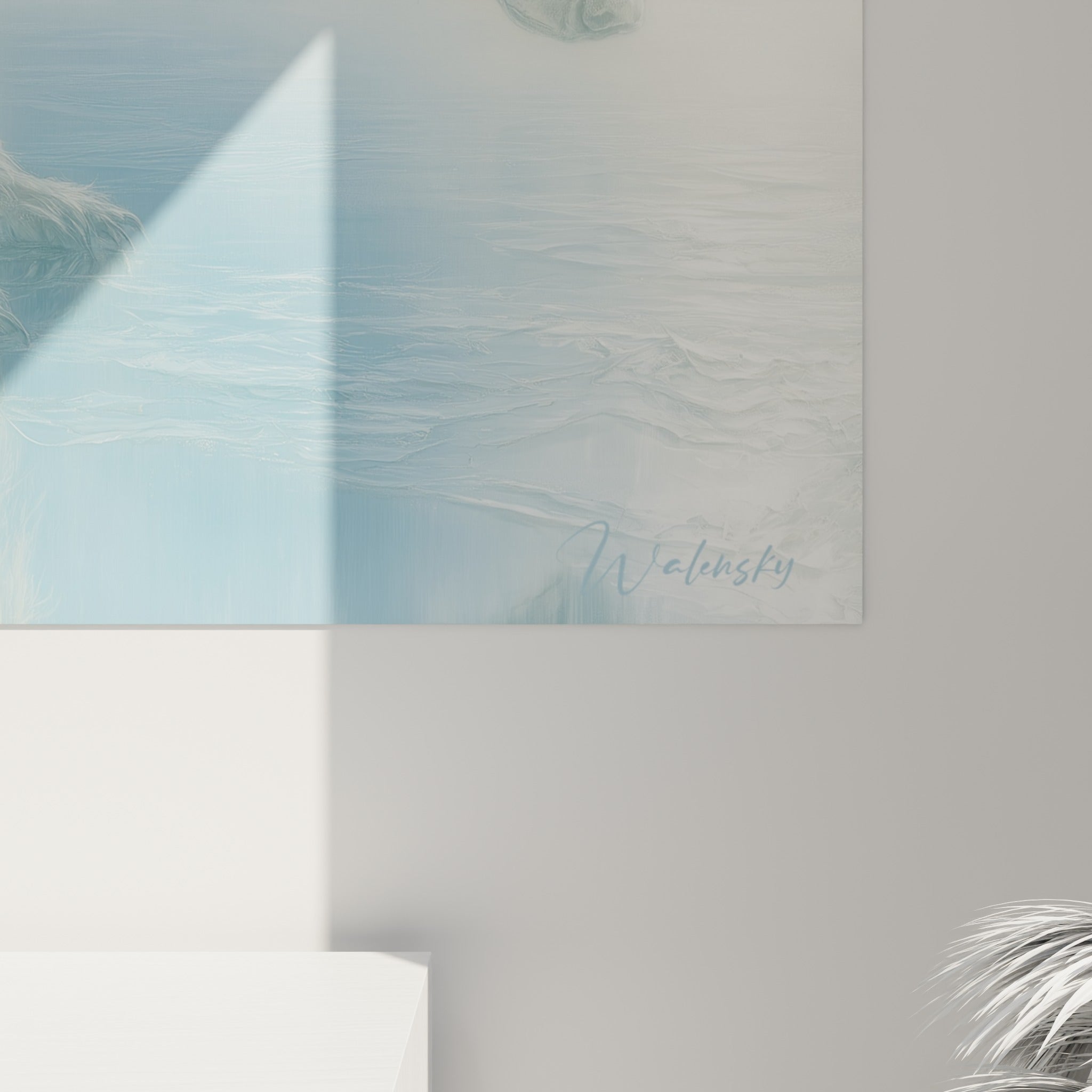 Empâtements fins du pelage glacé, coulures bleu givré et blanc se mêlant sur la toile de l'ours polaire