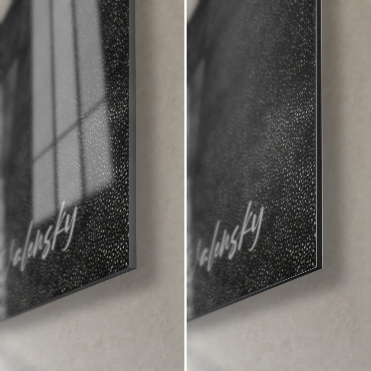 Wall art white polar bear, bottom right corner: glossy black acrylic glass on the left, matte Dibond aluminium on the right, 3 mm edge