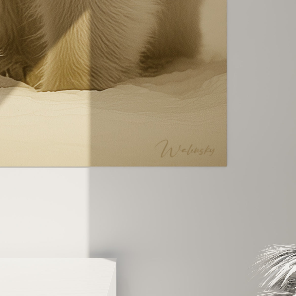 Détail du pelage crème et brun sépia de l'ours polaire, empâtements visibles et lignes verticales du tirage