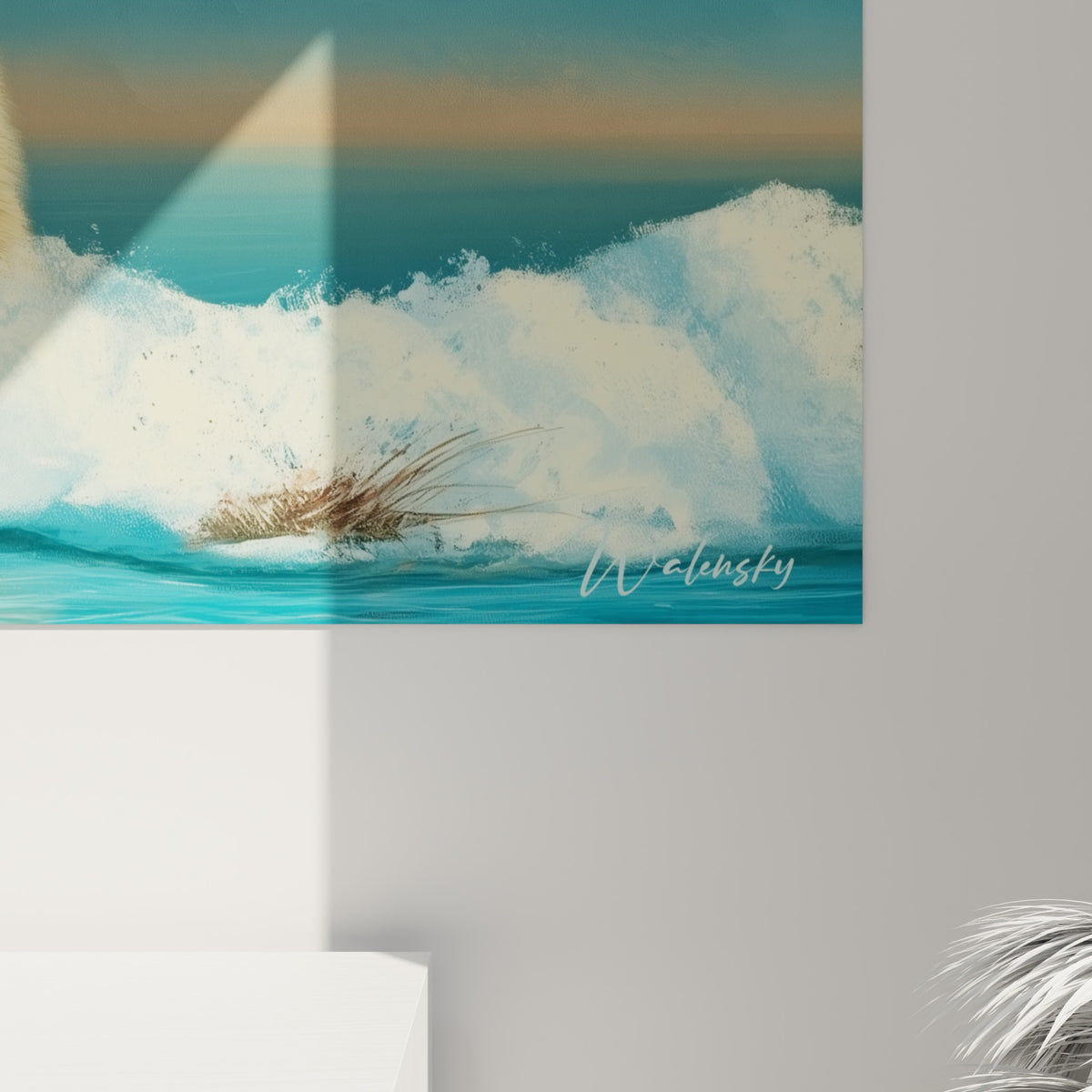 Empâtements de peinture blanche et bleutée sur la banquise, où glace et fourrure crème se confondent