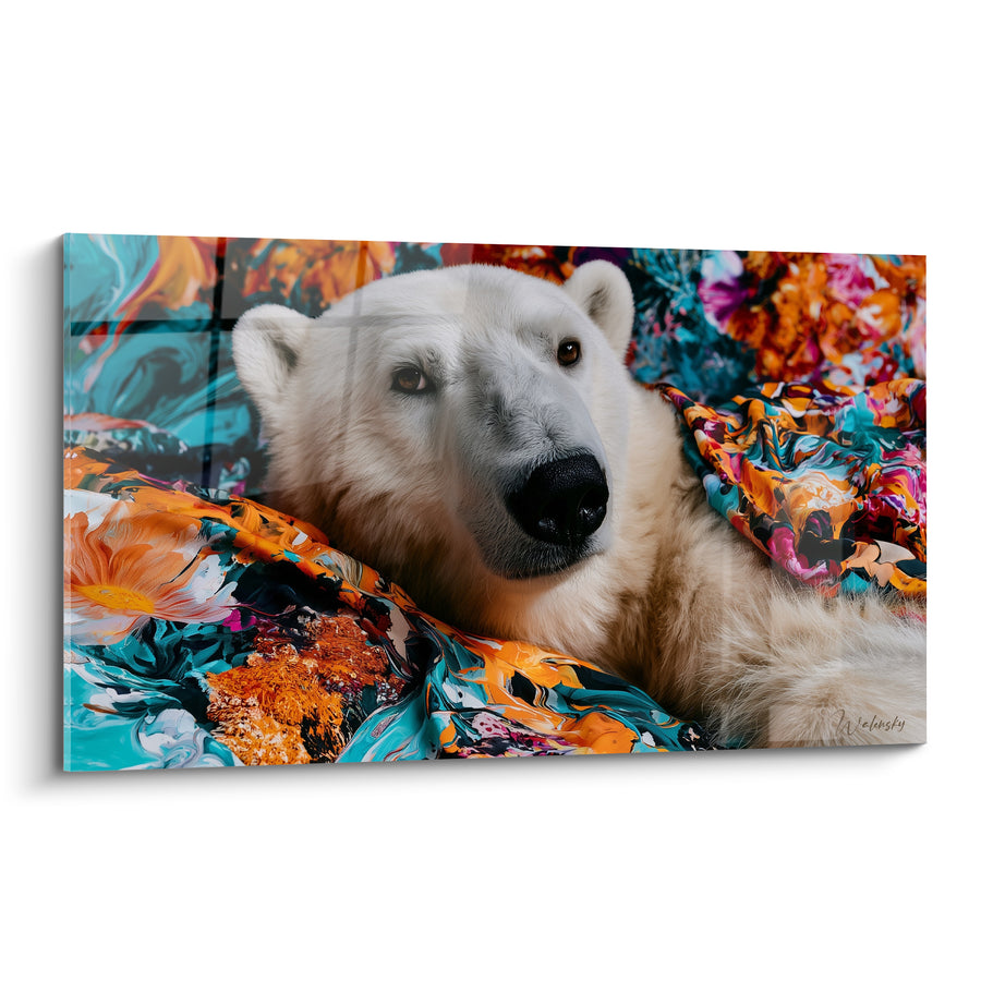 Tableau Ours polaire allongé sur tissu turquoise orangé - Repos flamboyant - Edition Ours polaire