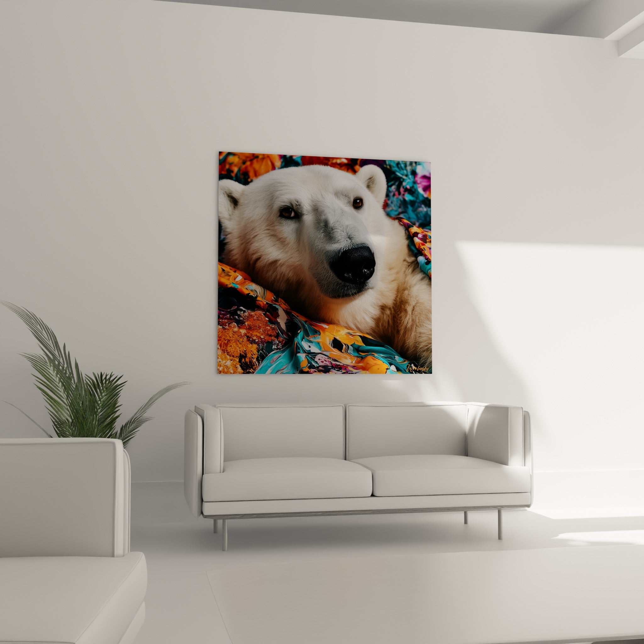 Portrait d'ours polaire aux nuances turquoise et magenta au-dessus d'un canapé dans un salon lumineux