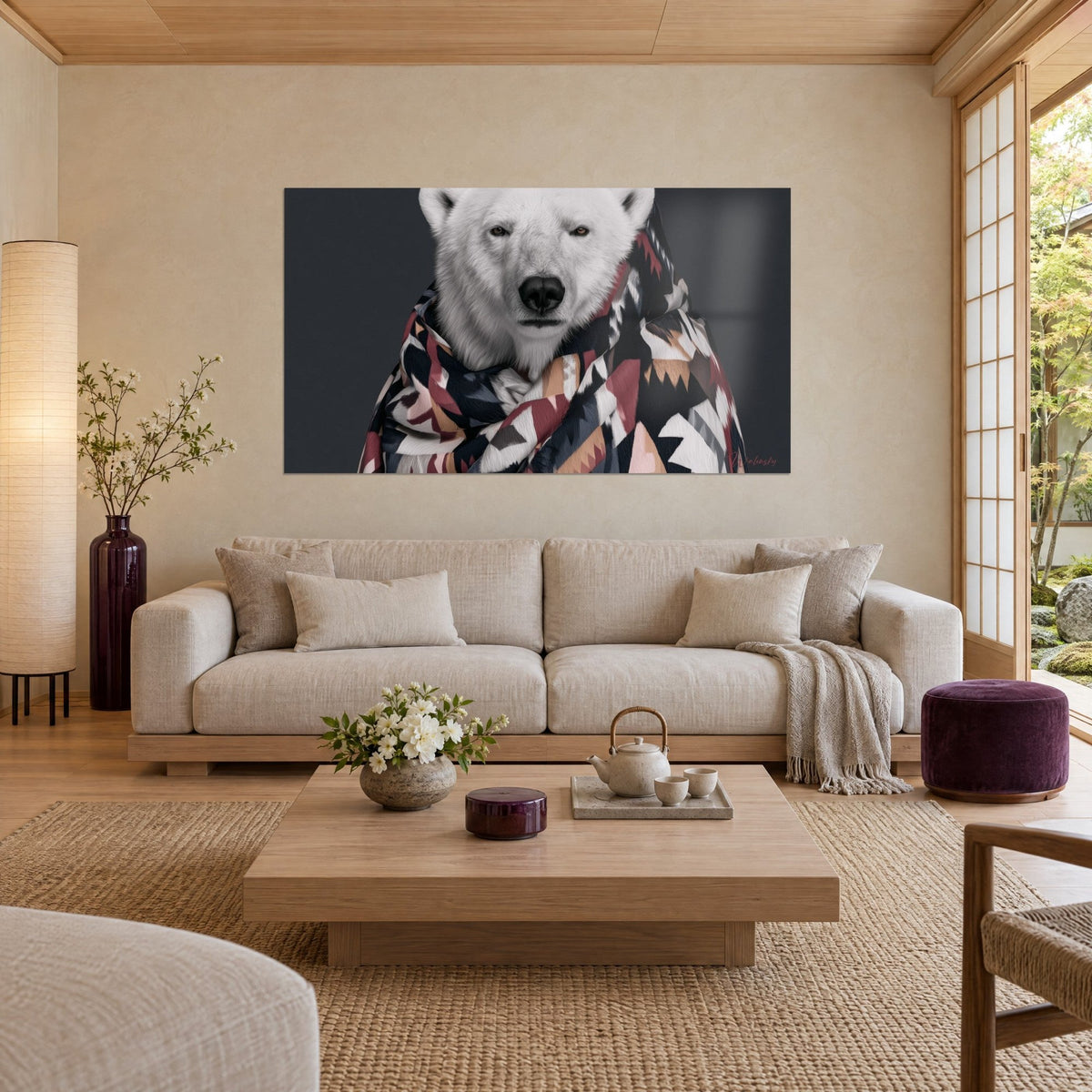 Gemälde Eisbär mit starrem Blick, grafischer Mantel in Ziegelrot und Anthrazit, über einem Sofa in einem hellen Wohnzimmer