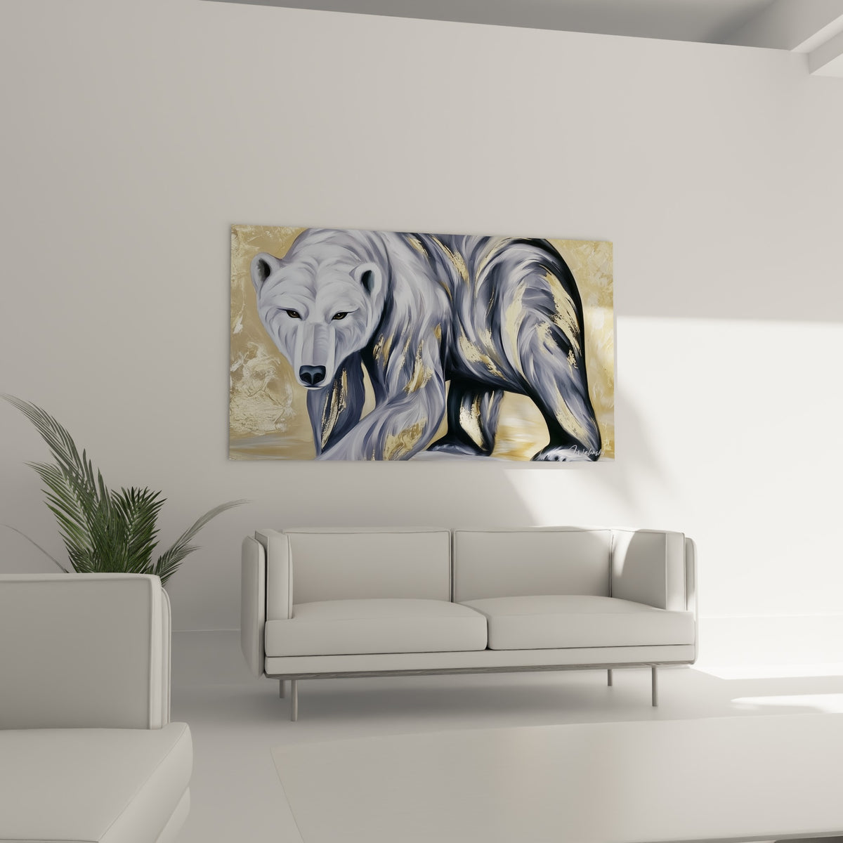 Majestueux ours polaire aux reflets dorés placé au-dessus d'un canapé dans un salon lumineux