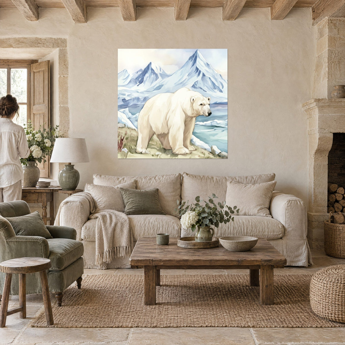 Quadro di un grande orso bianco ad acquerello, montagne azzurro ghiacciaio e cielo pallido, sopra un divano in un soggiorno luminoso