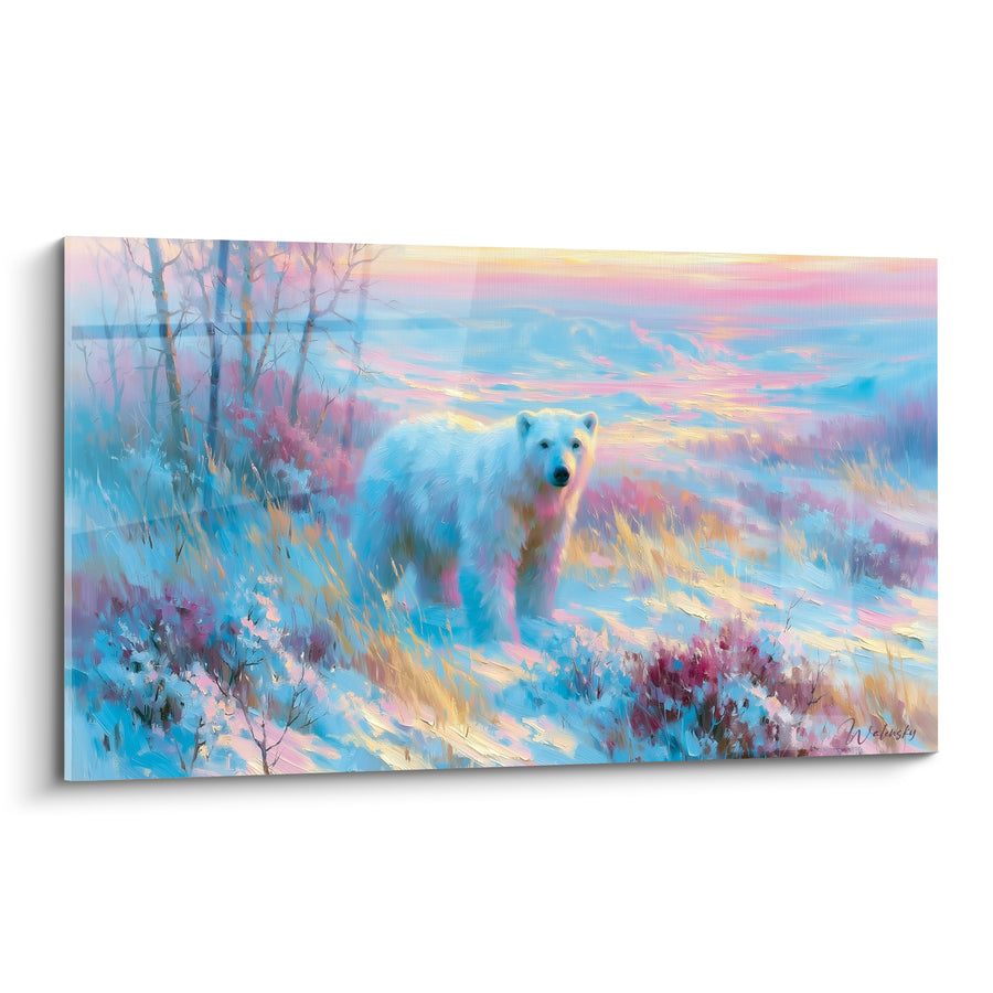 Tableau Ours polaire sur toundra rose et bleue - Éveil arctique - Edition Ours polaire