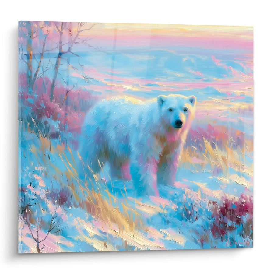 Tableau Ours polaire sur toundra rose et bleu - Aurore silencieuse - Edition Ours polaire