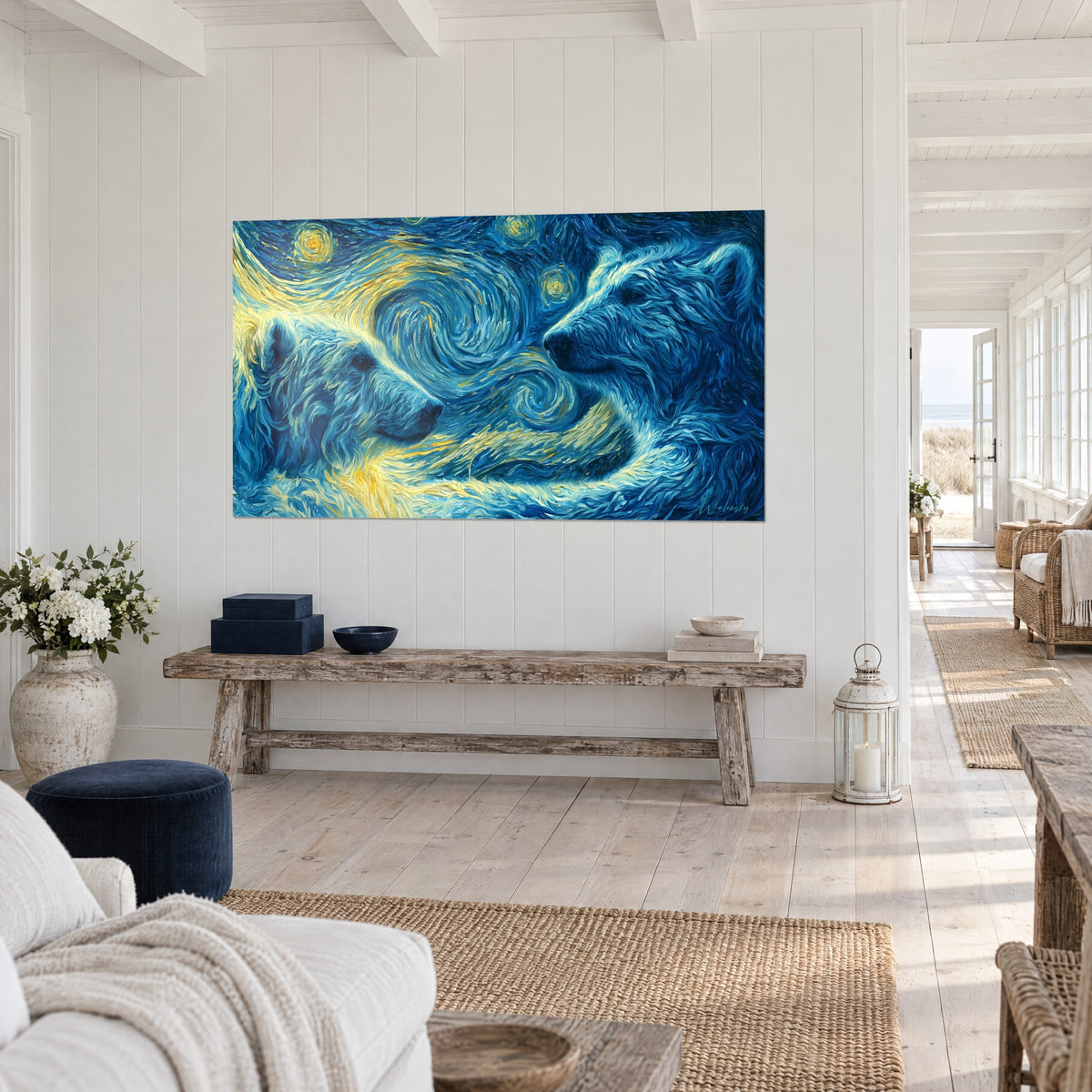 Wall art of polar bears with frosted fur, cobalt blue and sunny yellow, spiralling impasto strokes, three-quarter view, seaside house