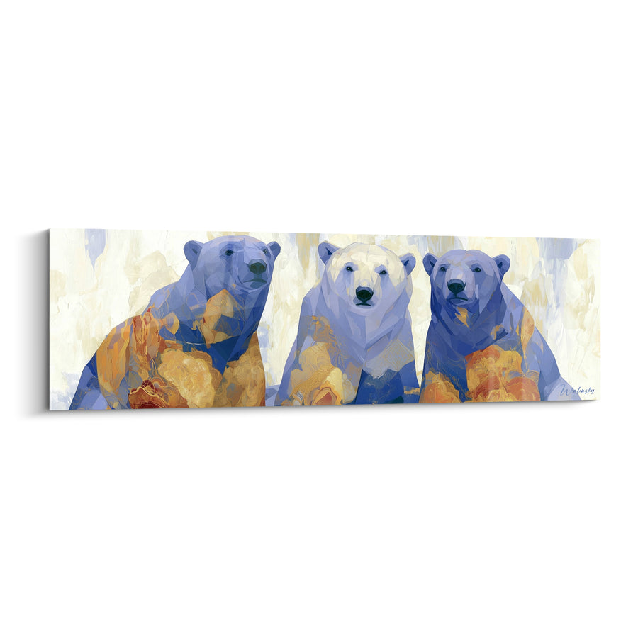 Tableau Trio d'ours polaires bleus et dorés - Fratrie face caméra - Edition Ours polaire