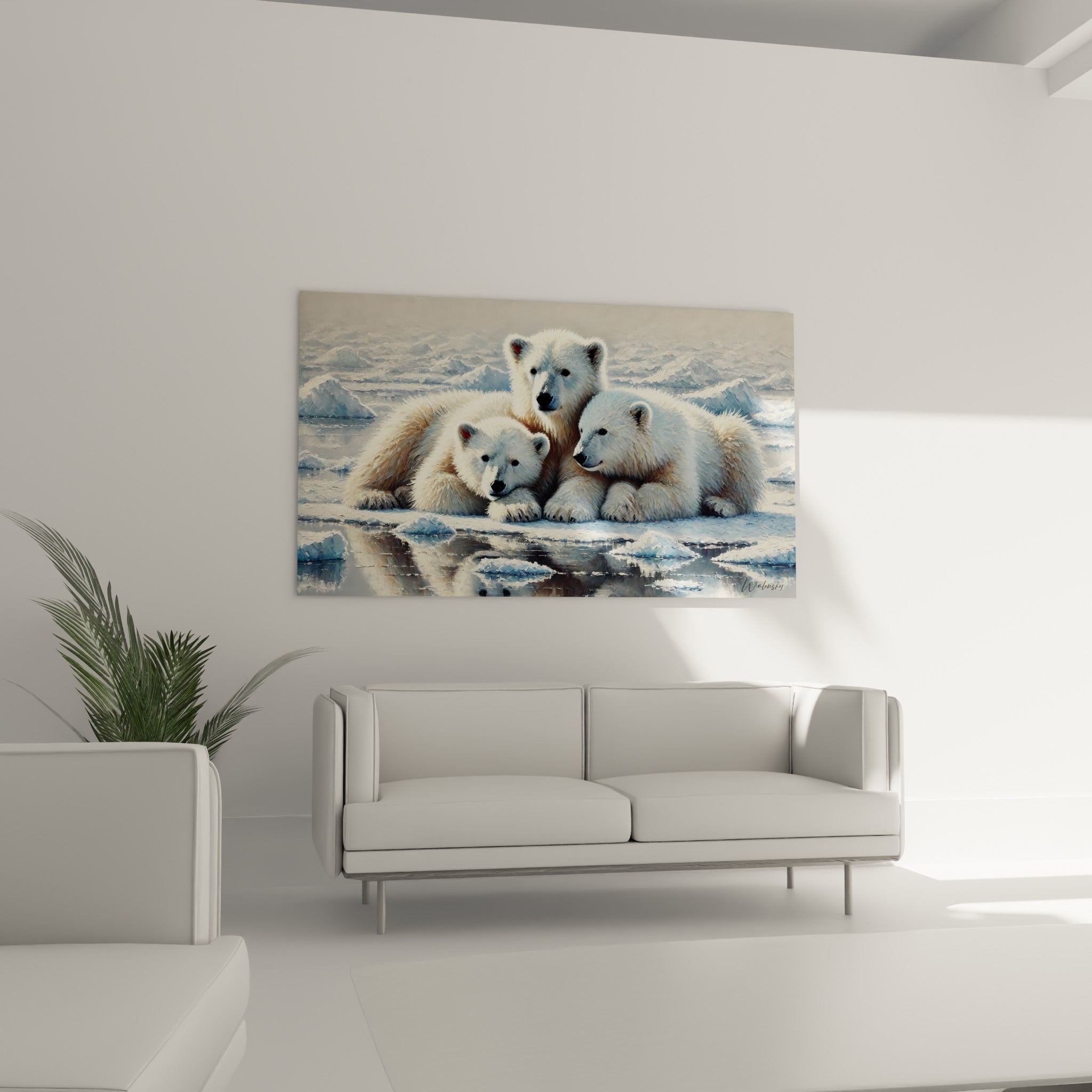 Famille d'ours polaires blanche et bleu glacé blottie sur glace, au-dessus d'un canapé dans un salon lumineux